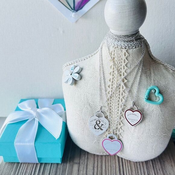 LARGE Return To Tiffany & Co Pink Enamel Outline Heart Charm Pendant Silver - Picture 1 of 5